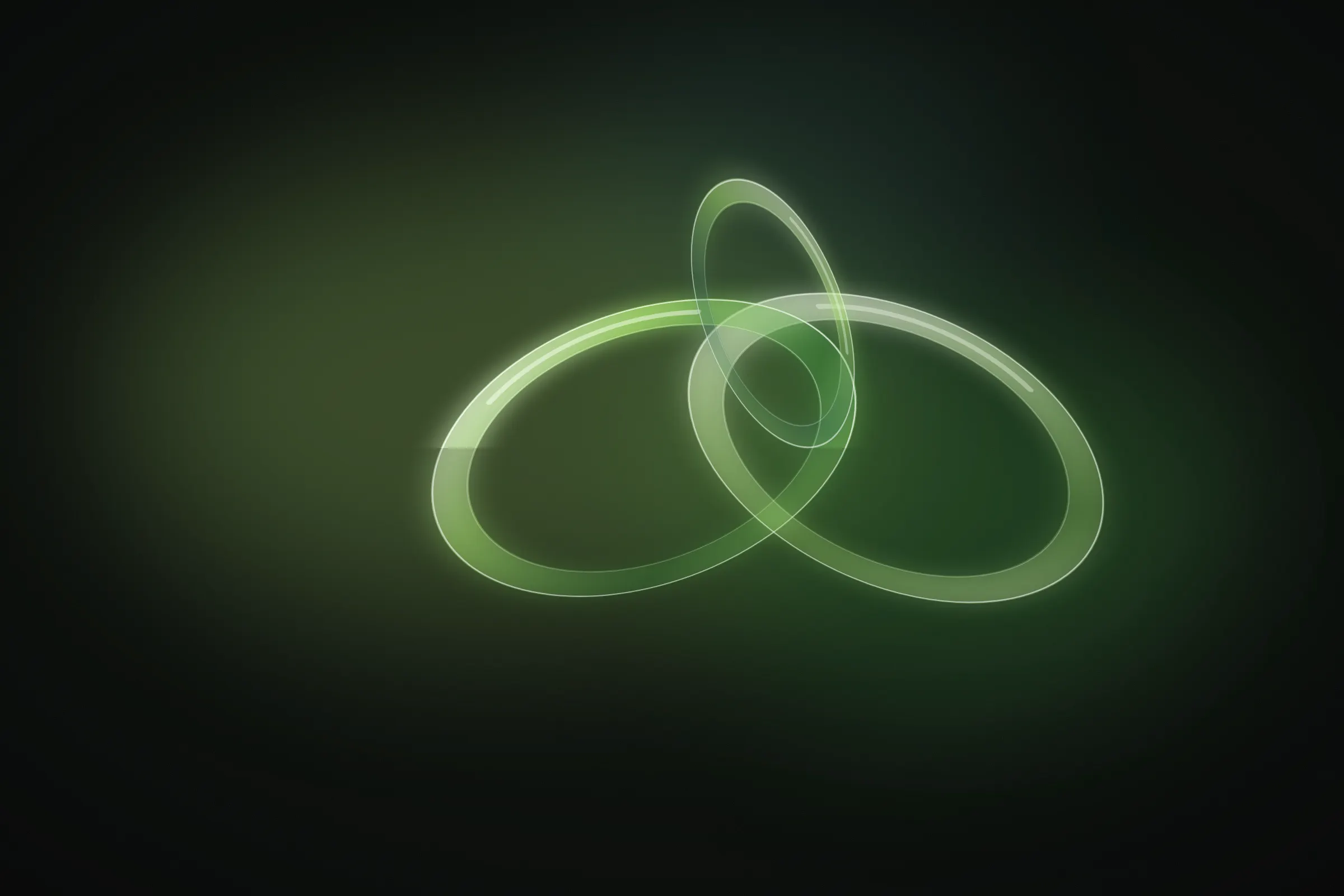 Abstract interlocking glass rings glowing lime green on a dark background.