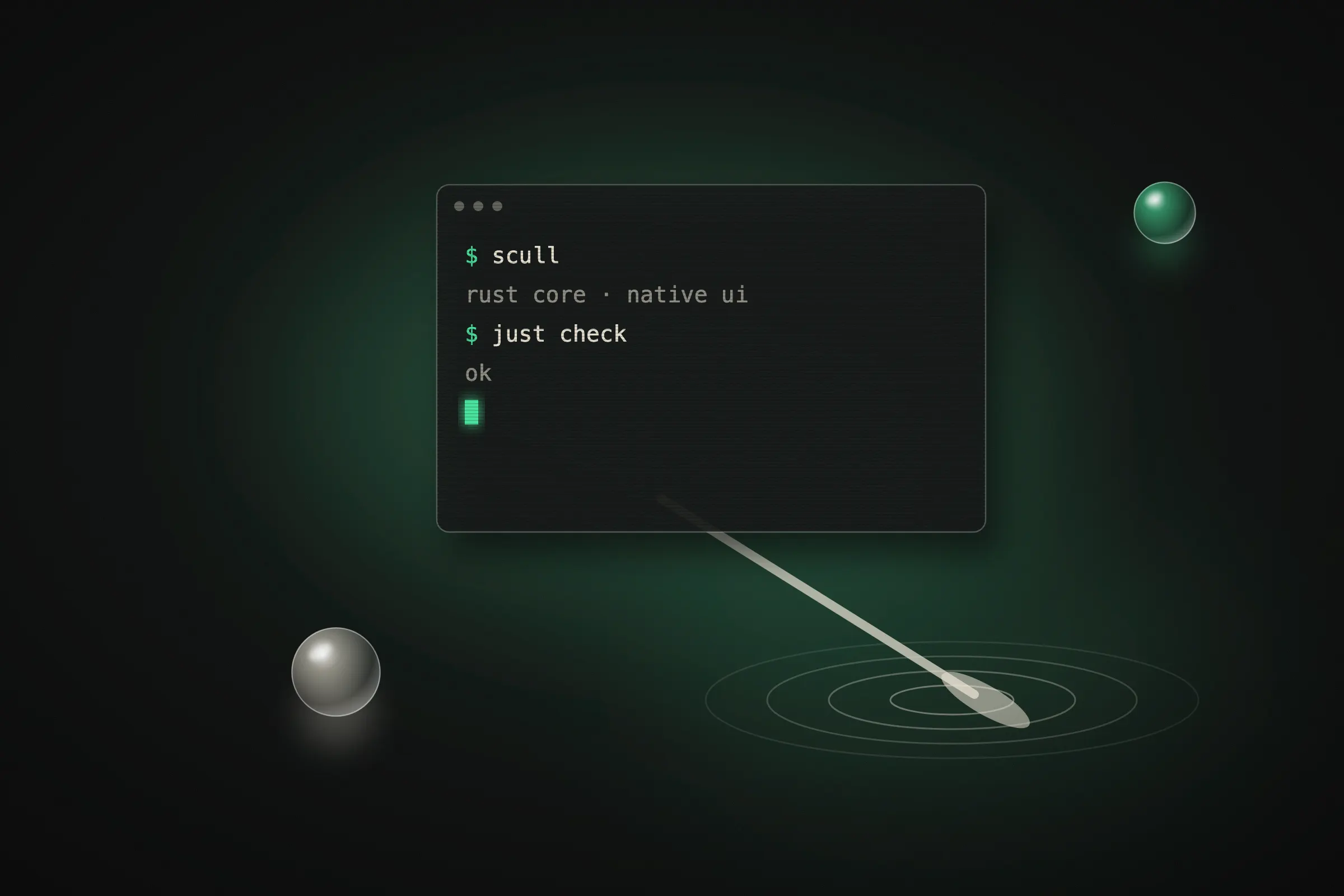 Abstract ivory terminal window with a phosphor-green cursor, crossed by an oar stroke rippling on dark water.